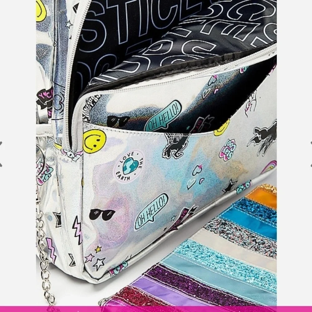 NWT justice holographic sticker pocket full size backpack silver